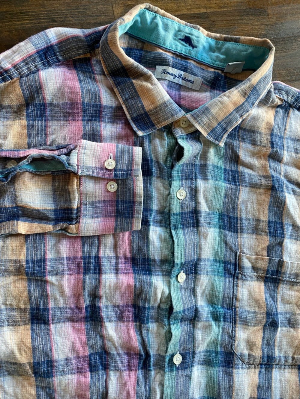 Tommy Bahama Shirt Mens XXL 100% Linen Plaid Multicolor Button Up Casual Beach
